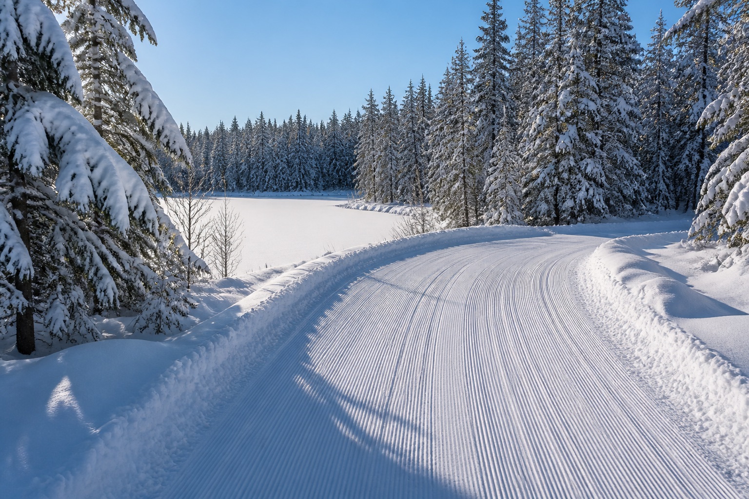 Freshly groomed loop through snow-loaded spruce by a small frozen pond